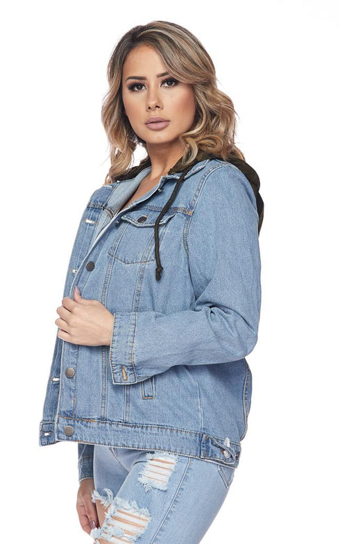 Camouflage Print Hooded Denim Jacket - Blue-Olive - SohoGirl.com